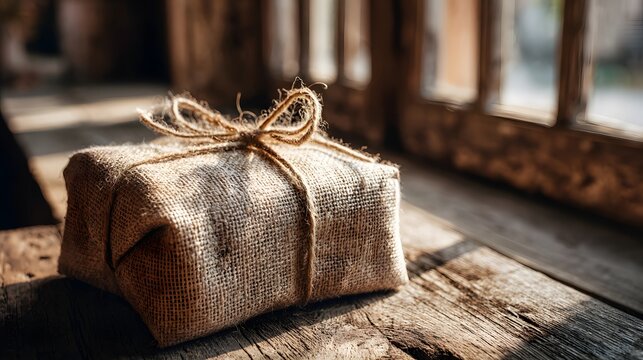 A tied burlap package sits on a weathered wooden surface.
