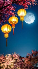 Obraz premium Golden lanterns bloom under a full moon hanging yellow