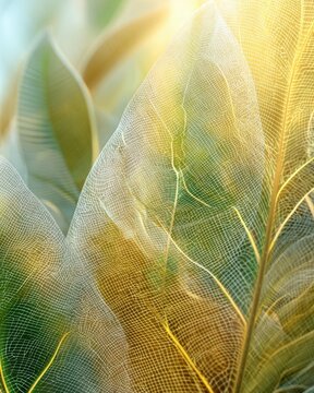 Delicate translucent leaf veins in green and yellow for organic skincare packaging, nature editorial, meditation app backgrounds

