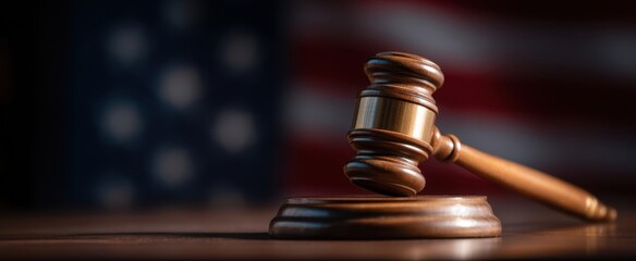 The gavel resting on a wooden block with an American flag backdrop.