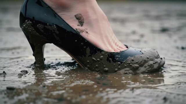 Misstep A Woman's Muddy Plight with High Heels - Fashion Faux Pas and Resilience in an Unlikely Landscape
