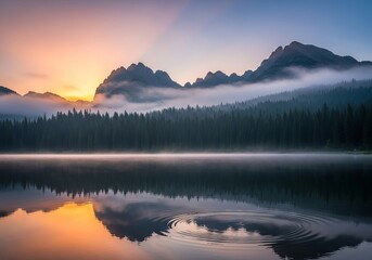 Spectacular Morning Glow Over Serene Mountain Lake with Misty Forest Reflections