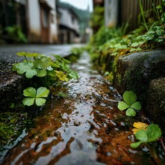 Close-up image of green plants in a small stream in a village.