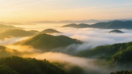 Obraz premium Masterful Landscape Photography: Sunrise Over Mist-Enshrouded Mountain Peaks, Mountains Concealed in Clouds, Romantic, Poetic, Enchanting