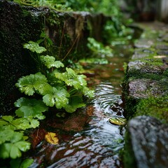Close-up image of green plants in a small stream in a village.
