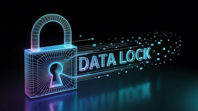 Wireframe padlock and data text with glowing blue and purple neon lights security digital