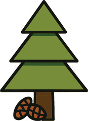 Simplified Evergreen Tree Icon: Flat Design, Nature, Forest, Pine Cones, Minimalist Style, Eco-Friendly, Green, Brown, Vector Illustration.