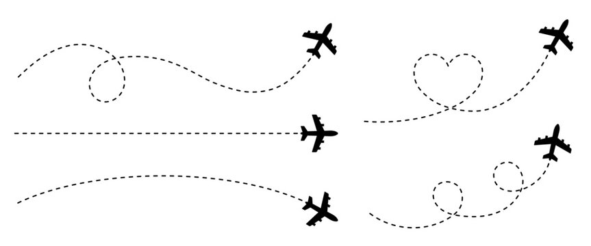 Airplane route with dotted flight path. Flying plane symbol with twisted, curved, straight and heart shape dashed trace path. Transparent png and vector illustration.