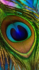 Obraz premium Peacock feather eye detail with iridescent green and blue hues image