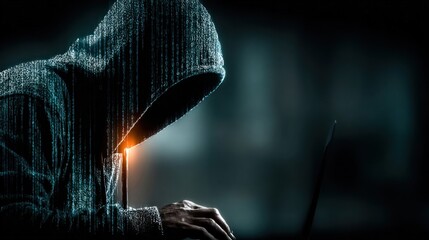 Cybersecurity and digital threat concept with hacker using laptop and binary code in wireframe interface