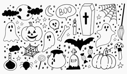 hand draw doodle black line Halloween elements collection