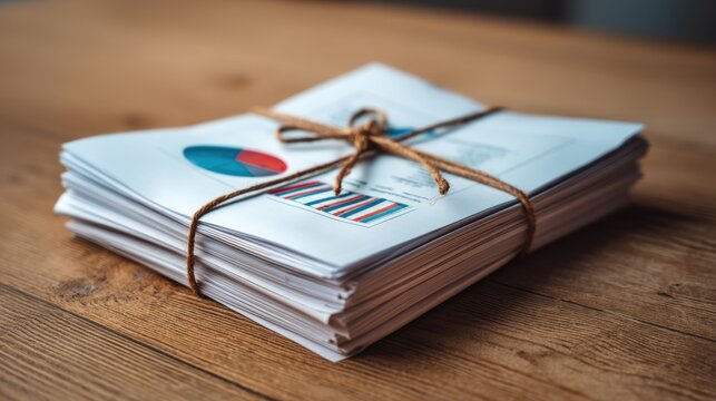Neatly Folded Financial Reports Tied with Simple String on Table