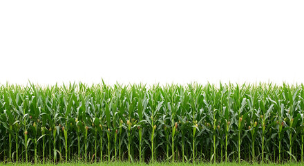 Dense green cornfield with tassels and developing ears of corn isolated on a transparent background maize