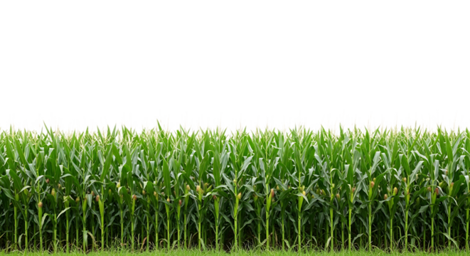 Dense green cornfield with tassels and developing ears of corn isolated on a transparent background maize