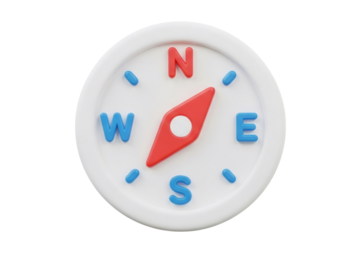 Isolated White Compass with Red and Blue Needle and Cardinal Directions on Black Background