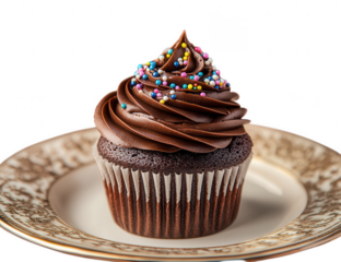 Delicious chocolate cupcake with chocolate frosting and colorful sprinkles on transparent background