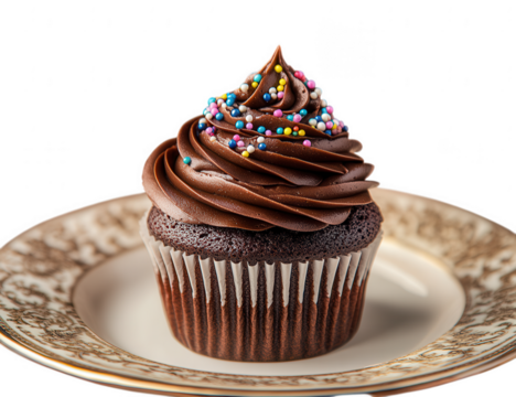 Delicious chocolate cupcake with chocolate frosting and colorful sprinkles on transparent background