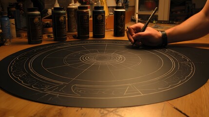 Detailed drawing on a large dark surface.