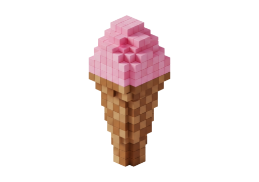 Isometric Pink Ice Cream Cone Composed of Cubes on Black Background for Graphic Design