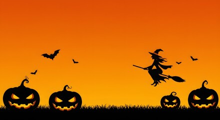Minimalist Halloween Wallpaper with Pumpkins and Flying Witch Silhouette