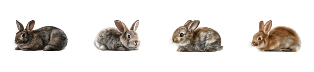 Obraz premium Four Fluffy Bunnies with Varied Fur Colors Sitting Against a Black Background, cut out transparent