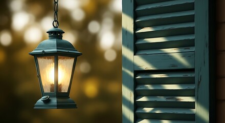 Vintage lantern casting a warm glow beside weathered shutters creating an inviting atmosphere and nostalgic scene evokes old world charm