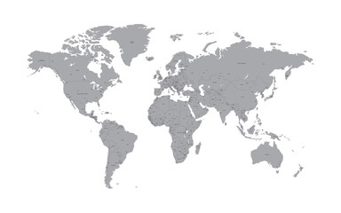 World map. Political map with countries names illustraterd on white background grey map