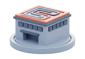 Isometric Warehouse Building with Blue Walls and Red Roof on Black Background