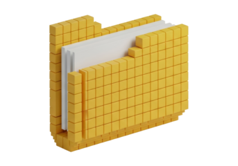 Isometric Voxel Style Yellow Folder with White Paper Inside Isolated on Transparent Background