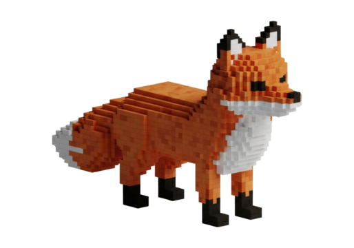 Isometric Voxel Style Fox Render on a Black Backdrop Featuring a Geometric Block Design and Vibrant Colors