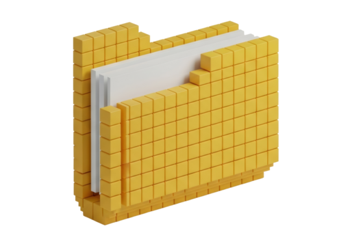 Isometric Voxel Style Yellow Folder with White Paper Inside Isolated on Transparent Background