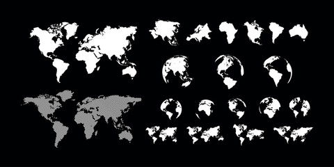 Earth continents set. Globe flat silhouette. World map collection. illsutrated on black back ground