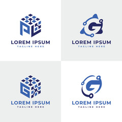 Technology logo design cube pixel circuit letter mark monogram tech business startup solutions