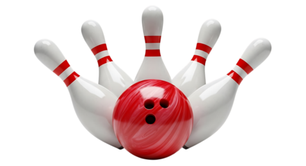 Red and white bowling ball with white pins with red stripes isolated on a transparent background bowling pins