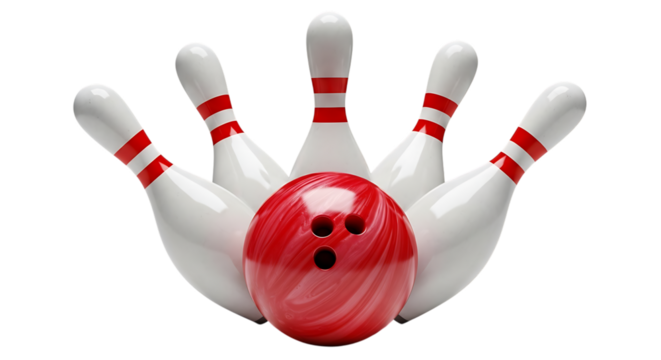 Red and white bowling ball with white pins with red stripes isolated on a transparent background bowling pins