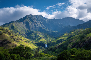 Naklejka premium experience enchanting beauty of hawaii mountains and waterfalls in breathtaking landscape