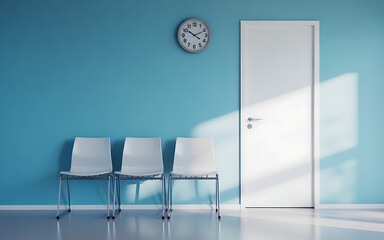 Waiting room interior design with chairs and clock for medical office use