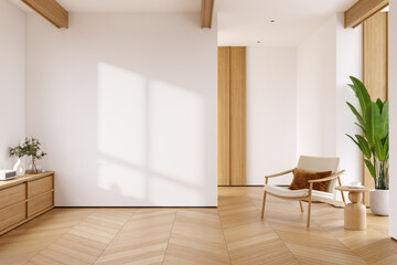 Modern Scandinavian and Warm Minimalism style living room with a wooden armchair and a large plant, and natural wood floor. 3drender