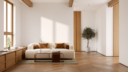 Modern Scandinavian Style Living Space with Neutral Tones and Soft Furnishings ,sunlight, wooden wall,3d render