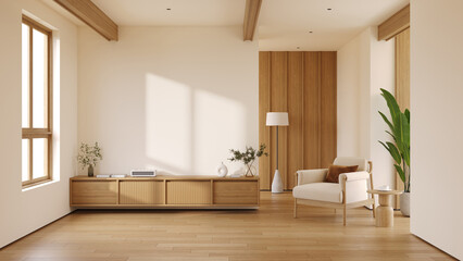 Warm Minimal Living Room with Cozy armchair with tv cabinet and Warm Wooden Accents,3d render