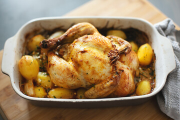Whole roasted chicken with golden potatoes, garlic, and fresh herbs baked in a ceramic dish, perfect for a rustic family dinner.