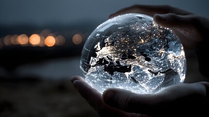 A translucent globe held in cupped hands, illuminated with city lights.