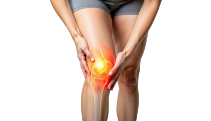 Woman with knee pain holding leg and showing injury or joint discomfort isolated on white background
