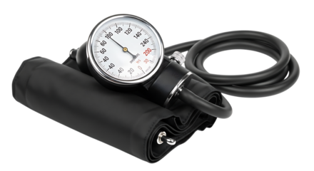 Sphygmomanometer with black cuff and coiled hose on a dark background isolated on a transparent background