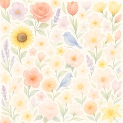 Pastel flowers with birds, ideal for spring designs, naturethemed art, greeting cards, and botanical prints. Cheerful and delicate composition.