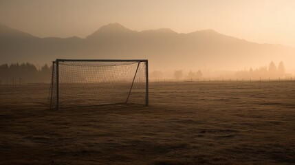 Hazy Morning Soccer Goal in an Empty Field with Mountain Backdrop