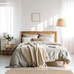 Light-filled bedroom with a wooden bed, neutral linens, and natural textures