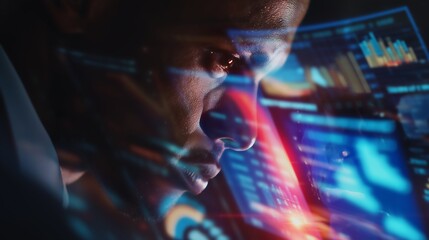 Futuristic Male Data Analyst Using Digital Interface with Graphs and Charts