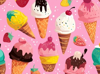 A pattern of assorted ice cream cones and strawberries on a pink background with white sprinkles