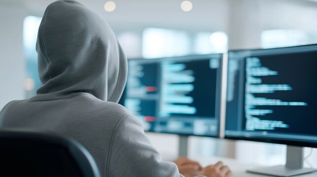 Back view of a faceless person in a gray hoodie sitting at a desk with multiple computer monitors displaying code, representing cybersecurity, hacking, or programming in a modern workspace